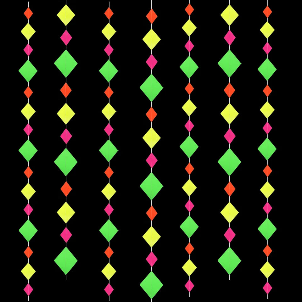 Fluorescent Circle Dots Garlands glowing under UV light at a house party. - Yeete