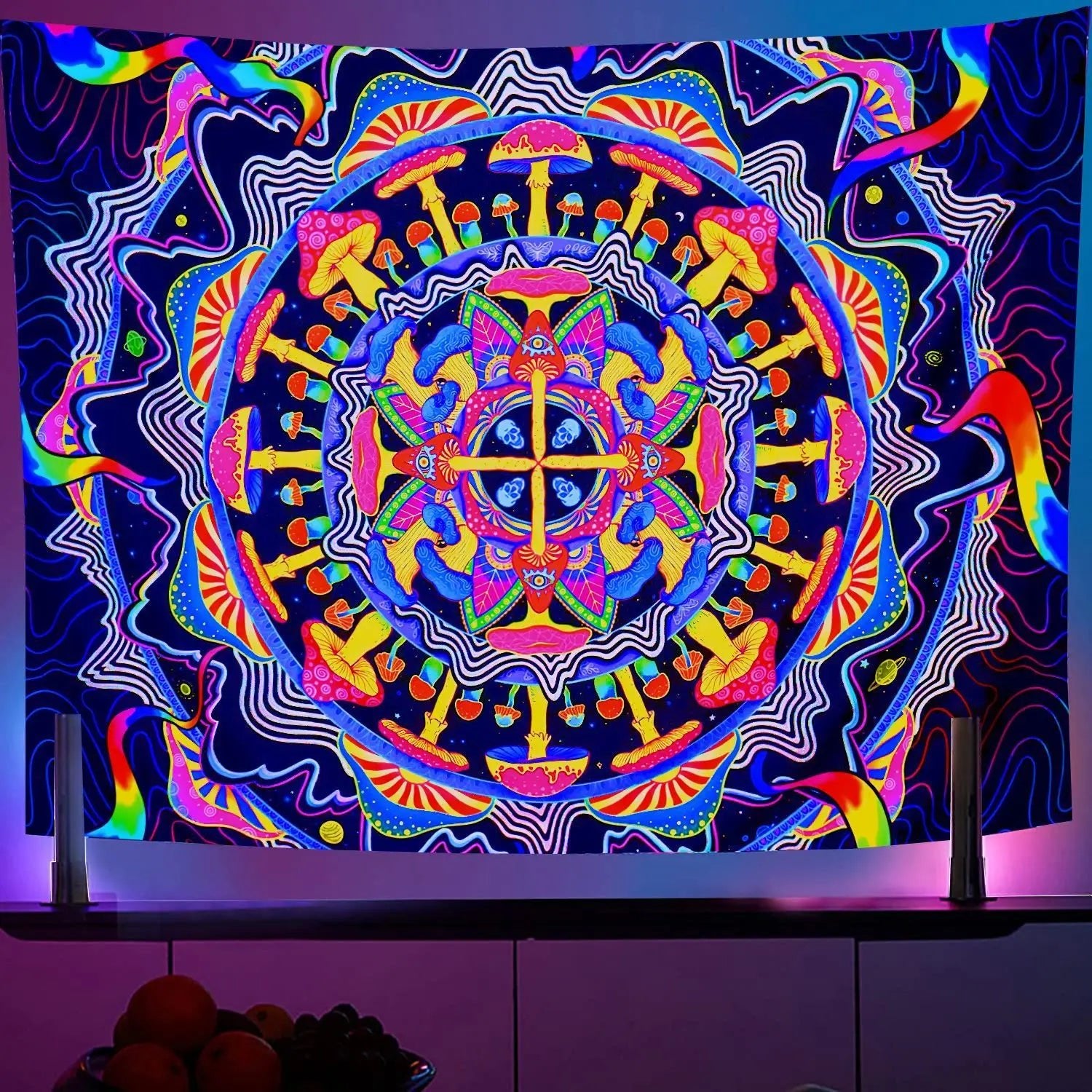 Black Light Reactive Fluorescent Tapestry featuring a vibrant starry night and mandala design, perfect for adding a magical touch to any room. - Yeete