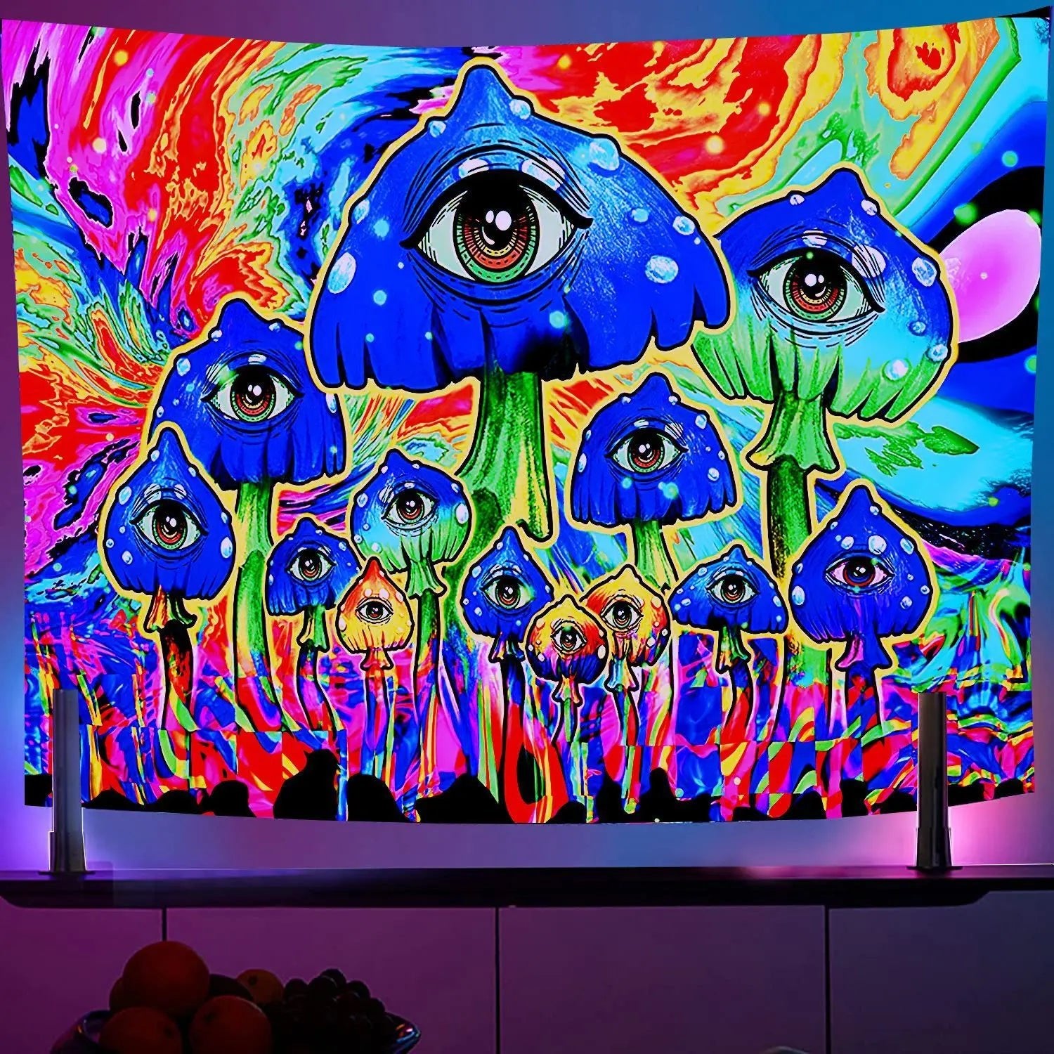 Black Light Reactive Fluorescent Tapestry featuring a vibrant starry night and mandala design, perfect for adding a magical touch to any room. - Yeete