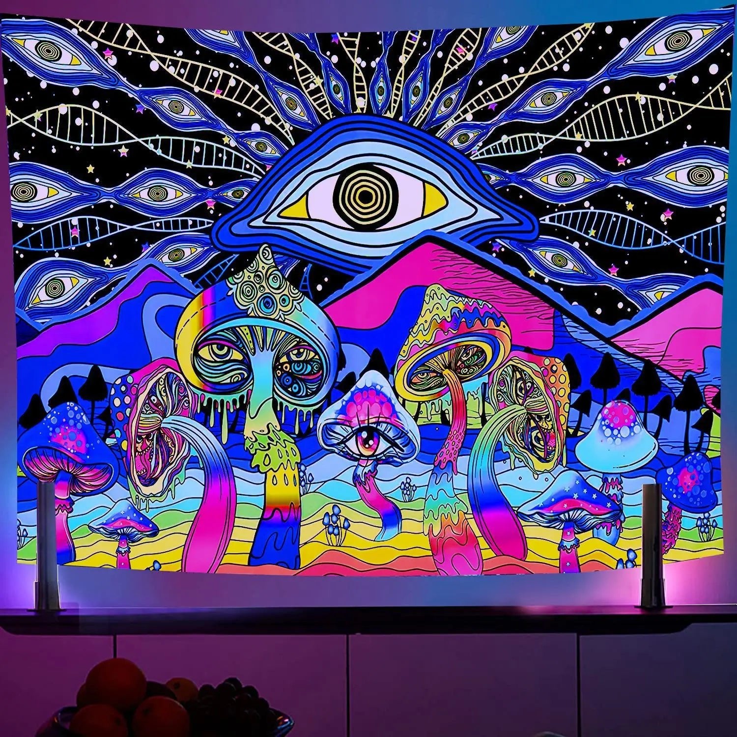 Black Light Reactive Fluorescent Tapestry featuring a vibrant starry night and mandala design, perfect for adding a magical touch to any room. - Yeete