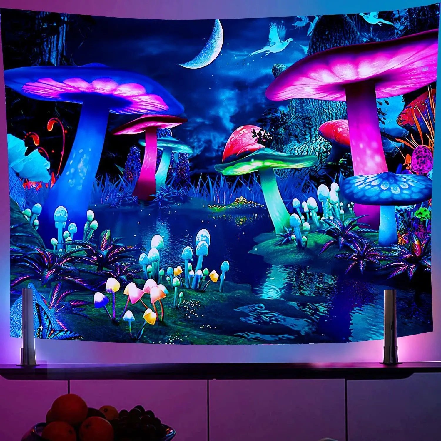 Black Light Reactive Fluorescent Tapestry featuring a vibrant starry night and mandala design, perfect for adding a magical touch to any room. - Yeete