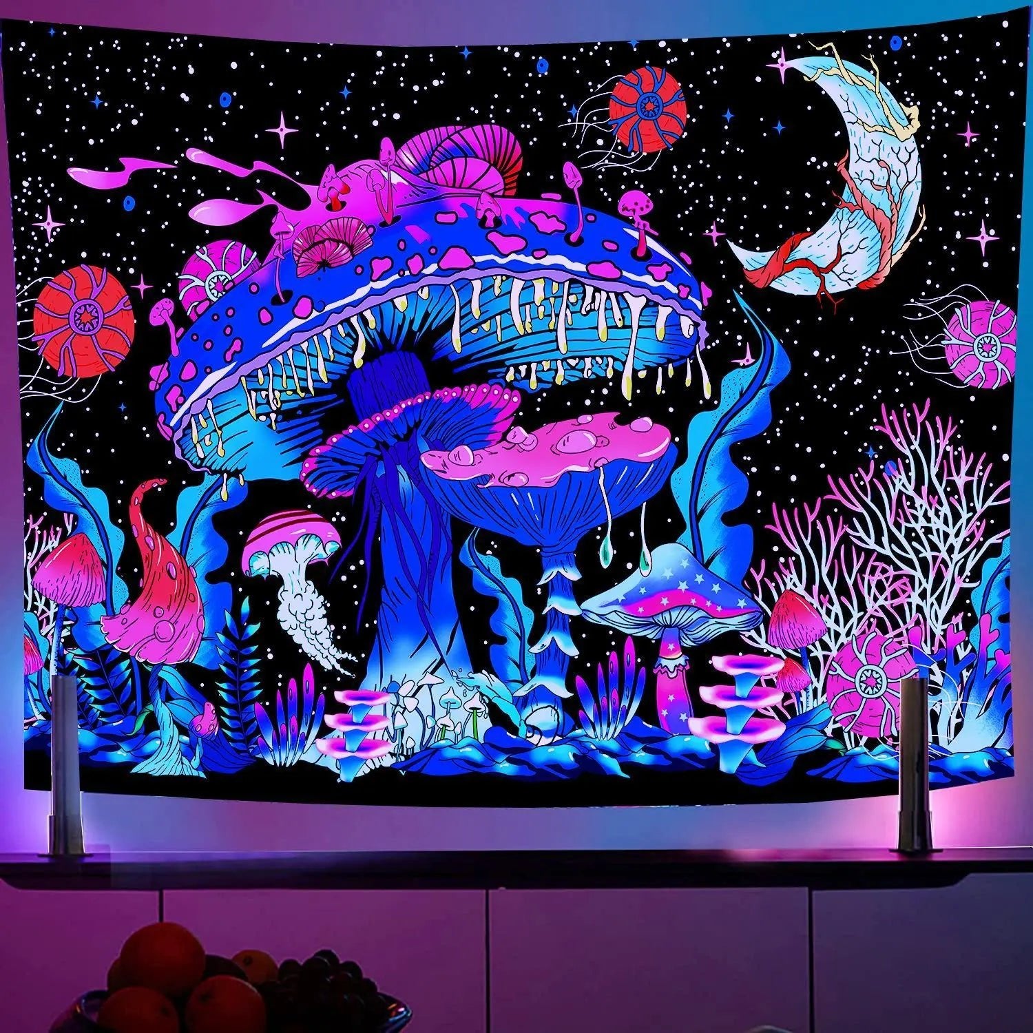 Black Light Reactive Fluorescent Tapestry featuring a vibrant starry night and mandala design, perfect for adding a magical touch to any room. - Yeete