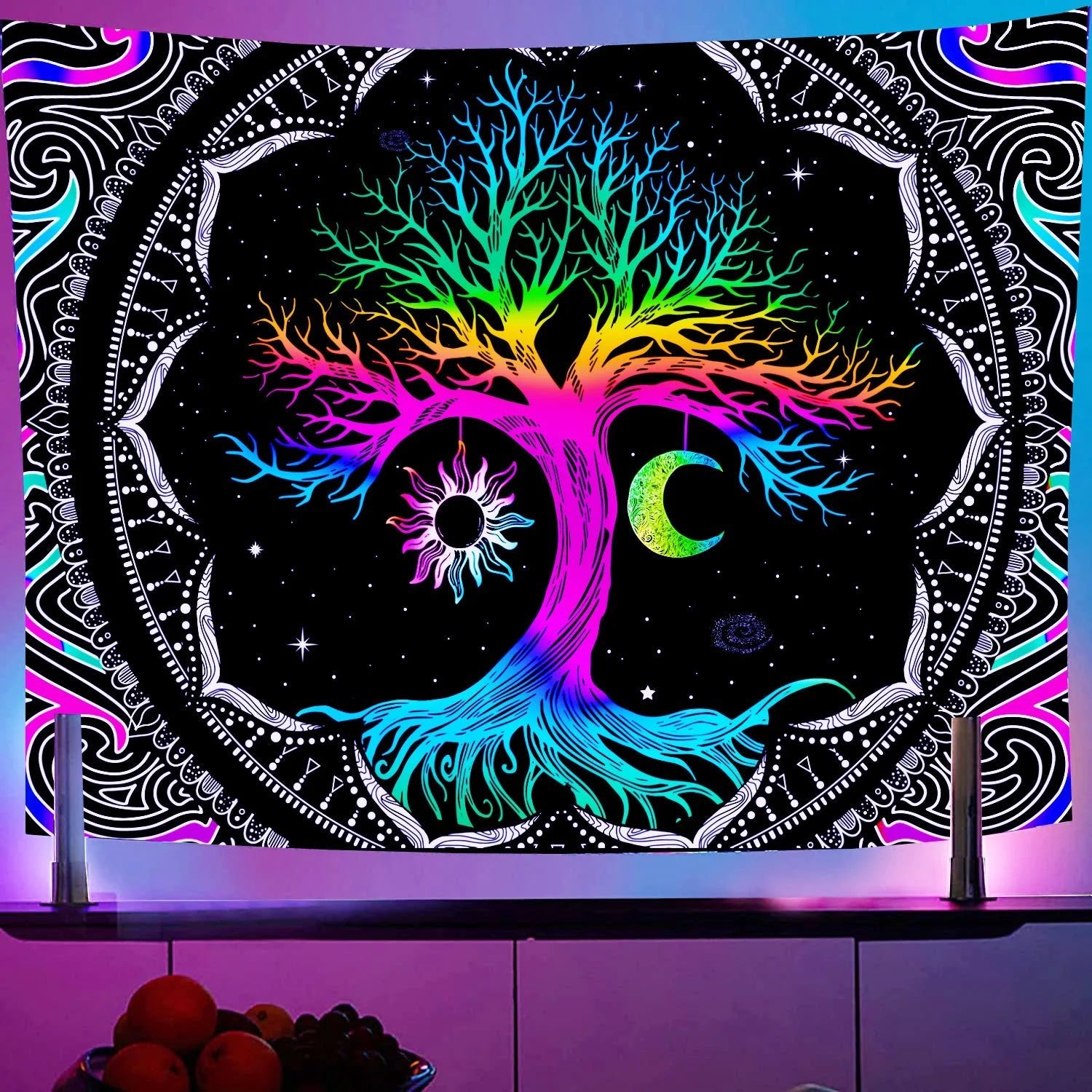 Black Light Reactive Fluorescent Tapestry featuring a vibrant starry night and mandala design, perfect for adding a magical touch to any room. - Yeete