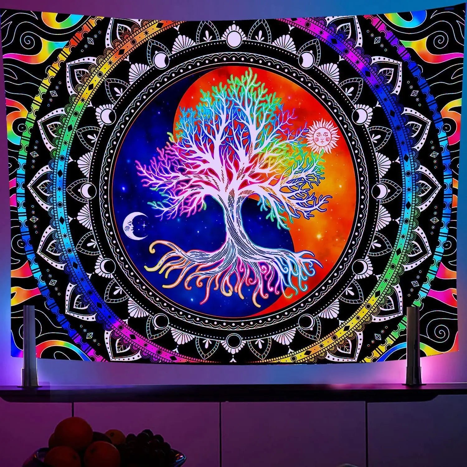 Black Light Reactive Fluorescent Tapestry featuring a vibrant starry night and mandala design, perfect for adding a magical touch to any room. - Yeete