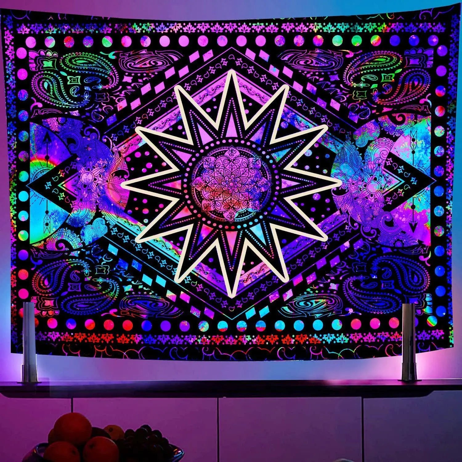 Black Light Reactive Fluorescent Tapestry featuring a vibrant starry night and mandala design, perfect for adding a magical touch to any room. - Yeete