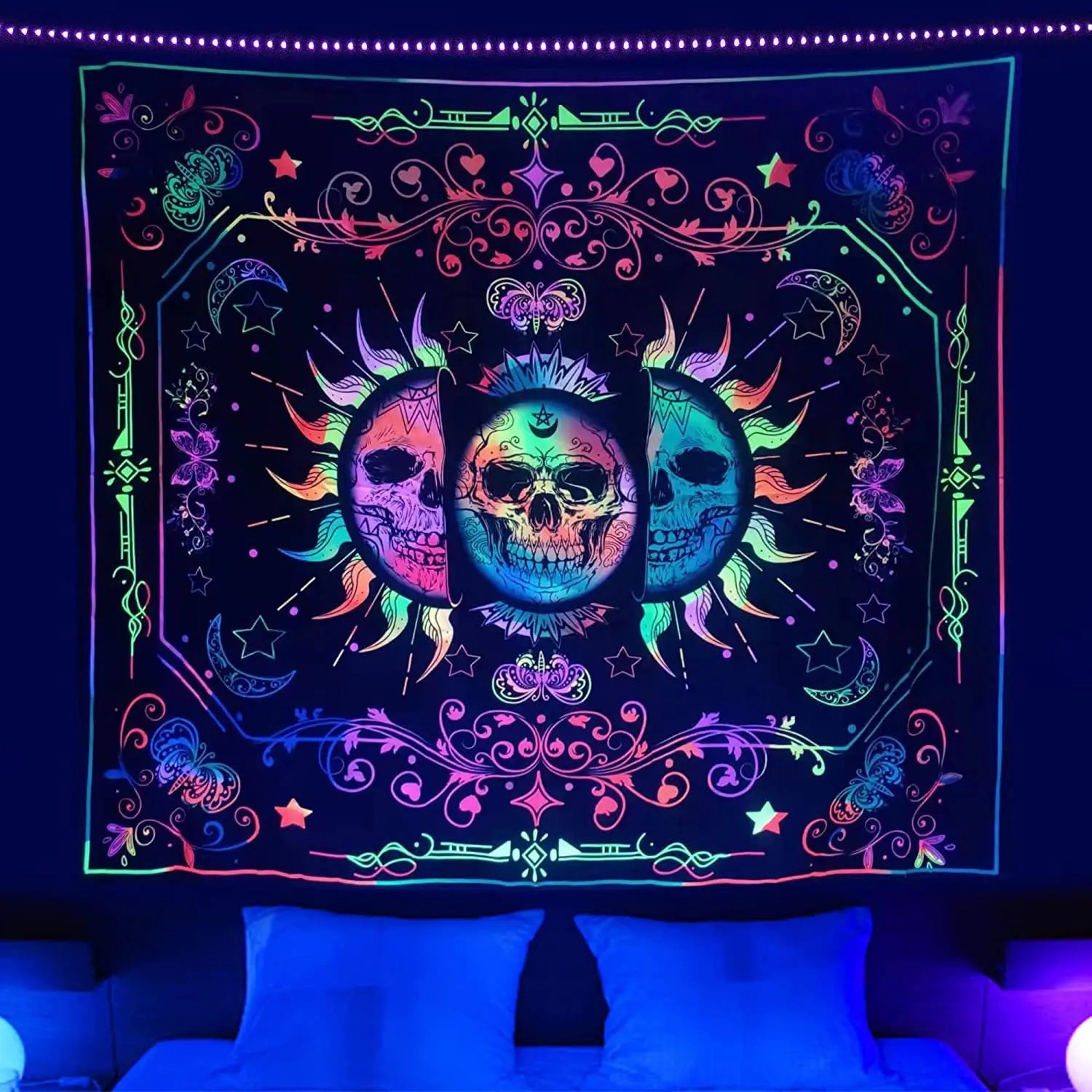 Black Light Reactive Fluorescent Tapestry featuring a vibrant starry night and mandala design, perfect for adding a magical touch to any room. - Yeete