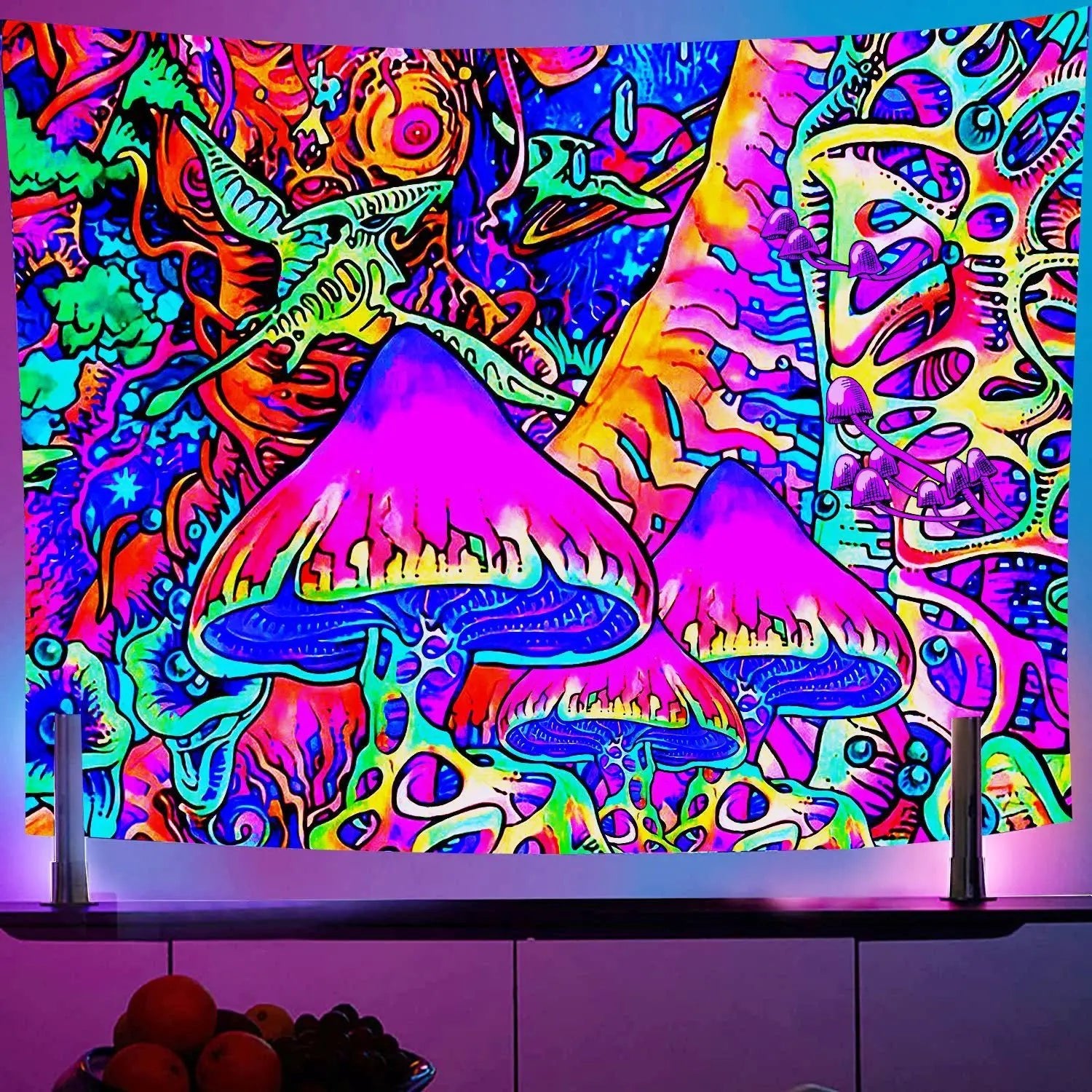 Black Light Reactive Fluorescent Tapestry featuring a vibrant starry night and mandala design, perfect for adding a magical touch to any room. - Yeete
