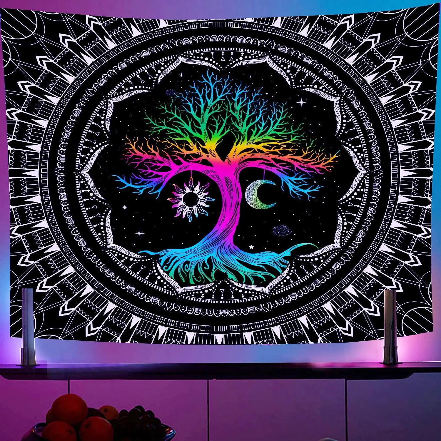 Black Light Reactive Fluorescent Tapestry featuring a vibrant starry night and mandala design, perfect for adding a magical touch to any room. - Yeete