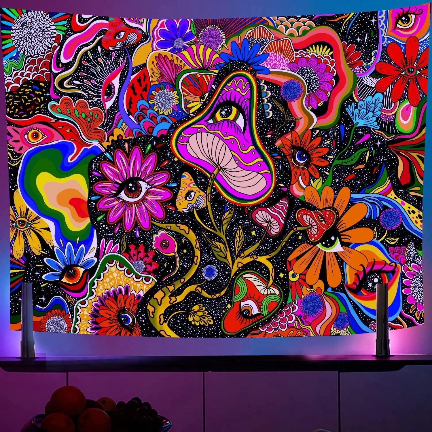 Black Light Reactive Fluorescent Tapestry featuring a vibrant starry night and mandala design, perfect for adding a magical touch to any room. - Yeete