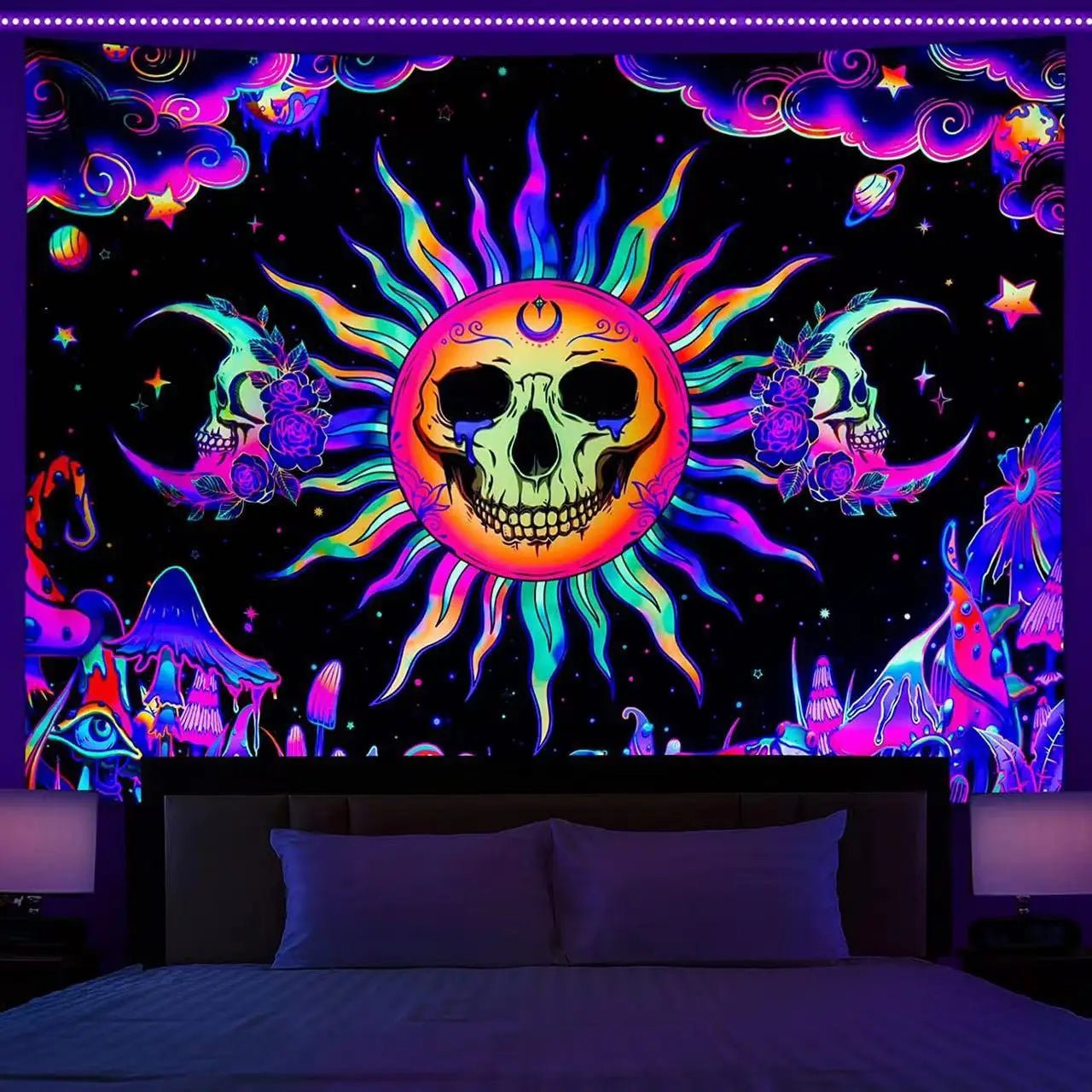 Black Light Reactive Fluorescent Tapestry featuring a vibrant starry night and mandala design, perfect for adding a magical touch to any room. - Yeete