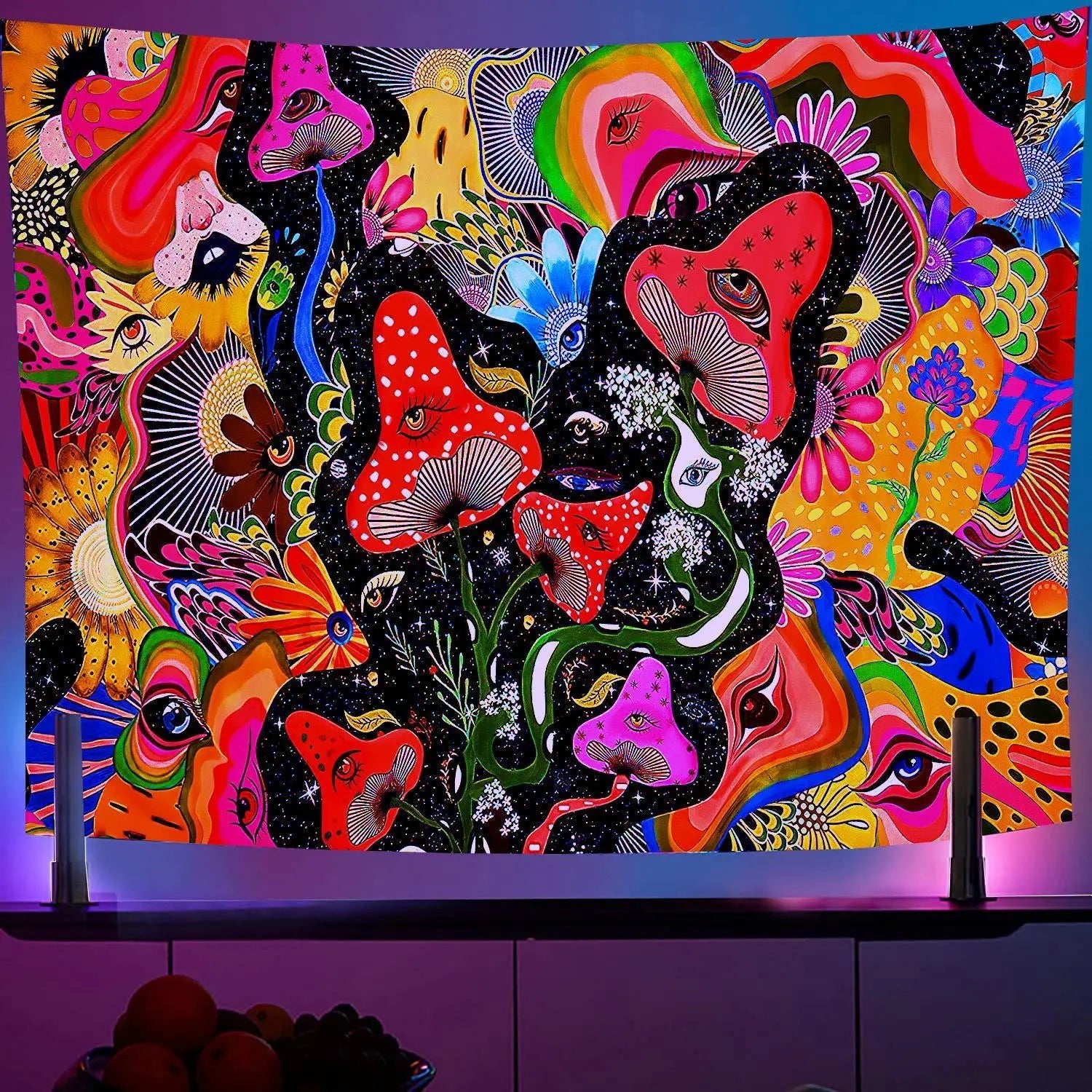 Black Light Reactive Fluorescent Tapestry featuring a vibrant starry night and mandala design, perfect for adding a magical touch to any room. - Yeete