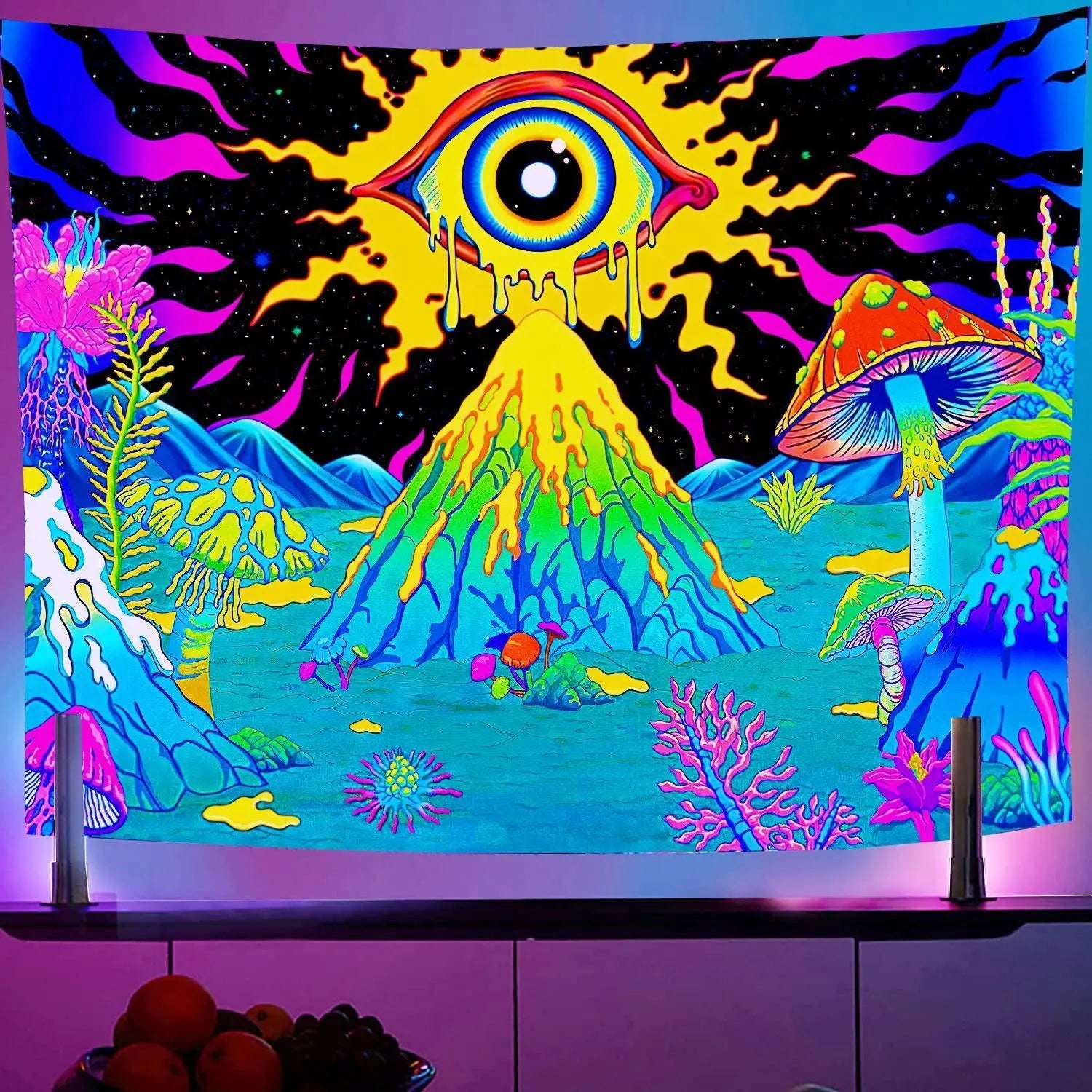 Black Light Reactive Fluorescent Tapestry featuring a vibrant starry night and mandala design, perfect for adding a magical touch to any room. - Yeete