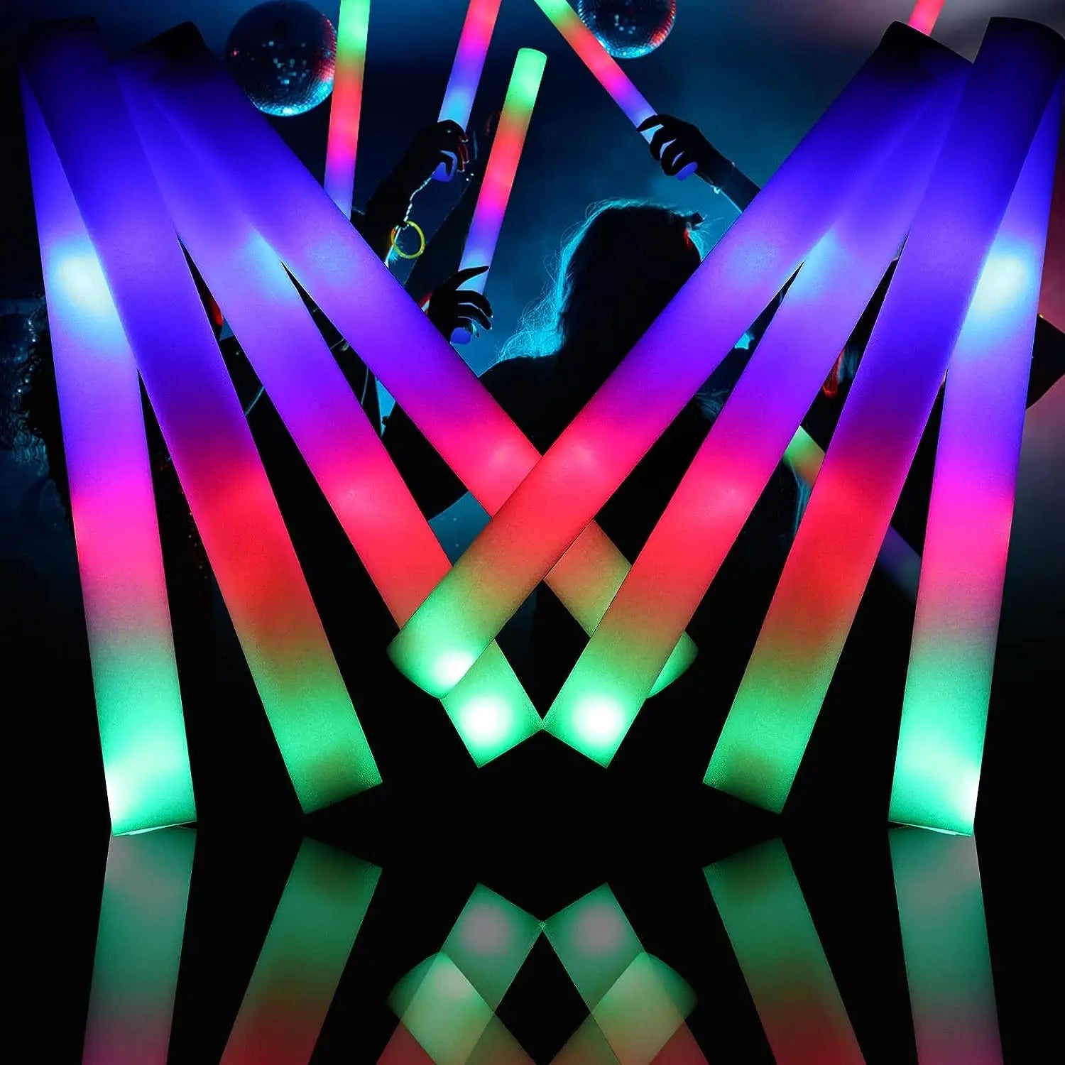Vibrant LED Foam Sticks illuminating a lively party atmosphere, perfect for house parties and events. - Yeete