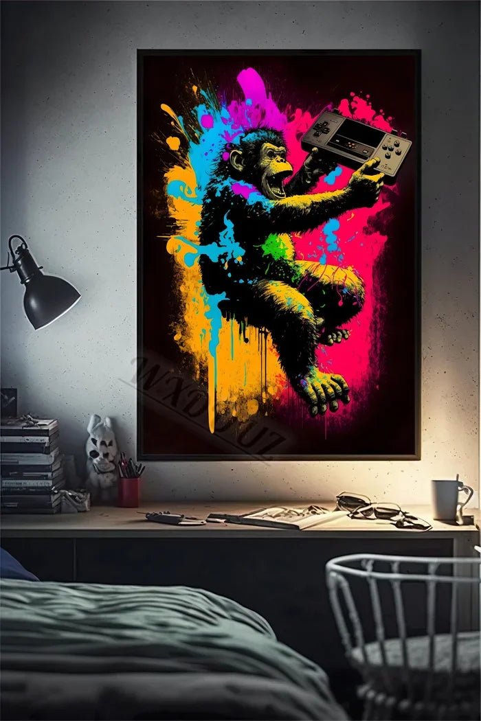 Funny Monkey Player Canvas Poster with vibrant colors and playful gaming monkey design. - Yeete