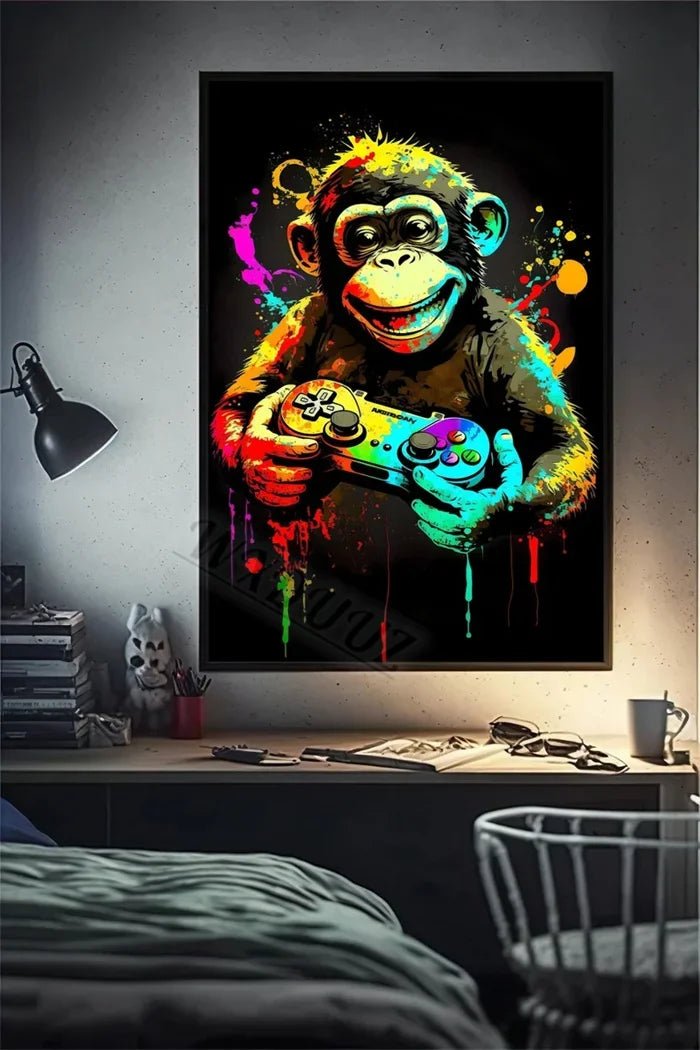 Funny Monkey Player Canvas Poster with vibrant colors and playful gaming monkey design. - Yeete