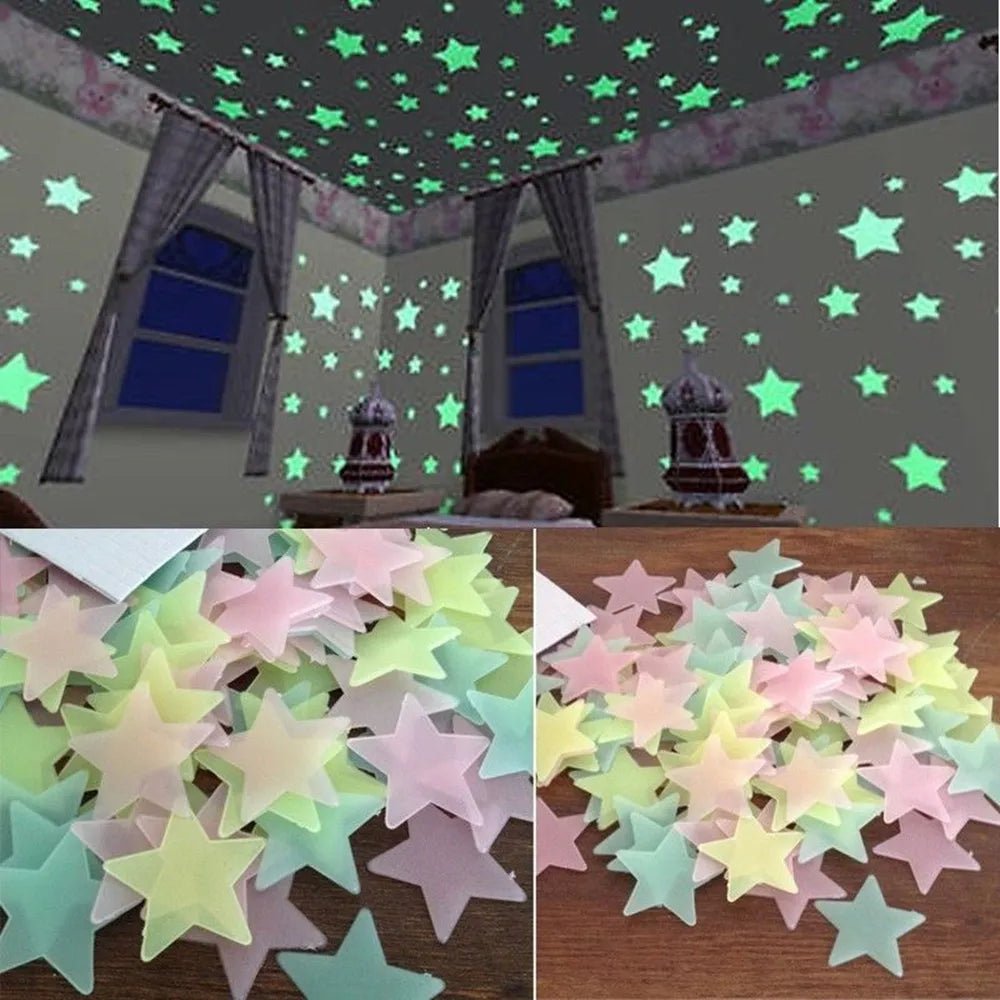 100pcs Fluorescent Glow in the Dark Stars Wall Stickers illuminating a bedroom ceiling. - Yeete