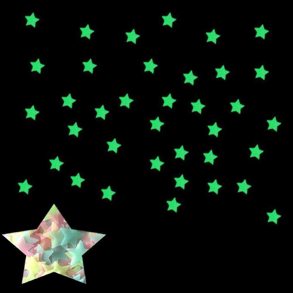 100pcs Fluorescent Glow in the Dark Stars Wall Stickers illuminating a bedroom ceiling. - Yeete