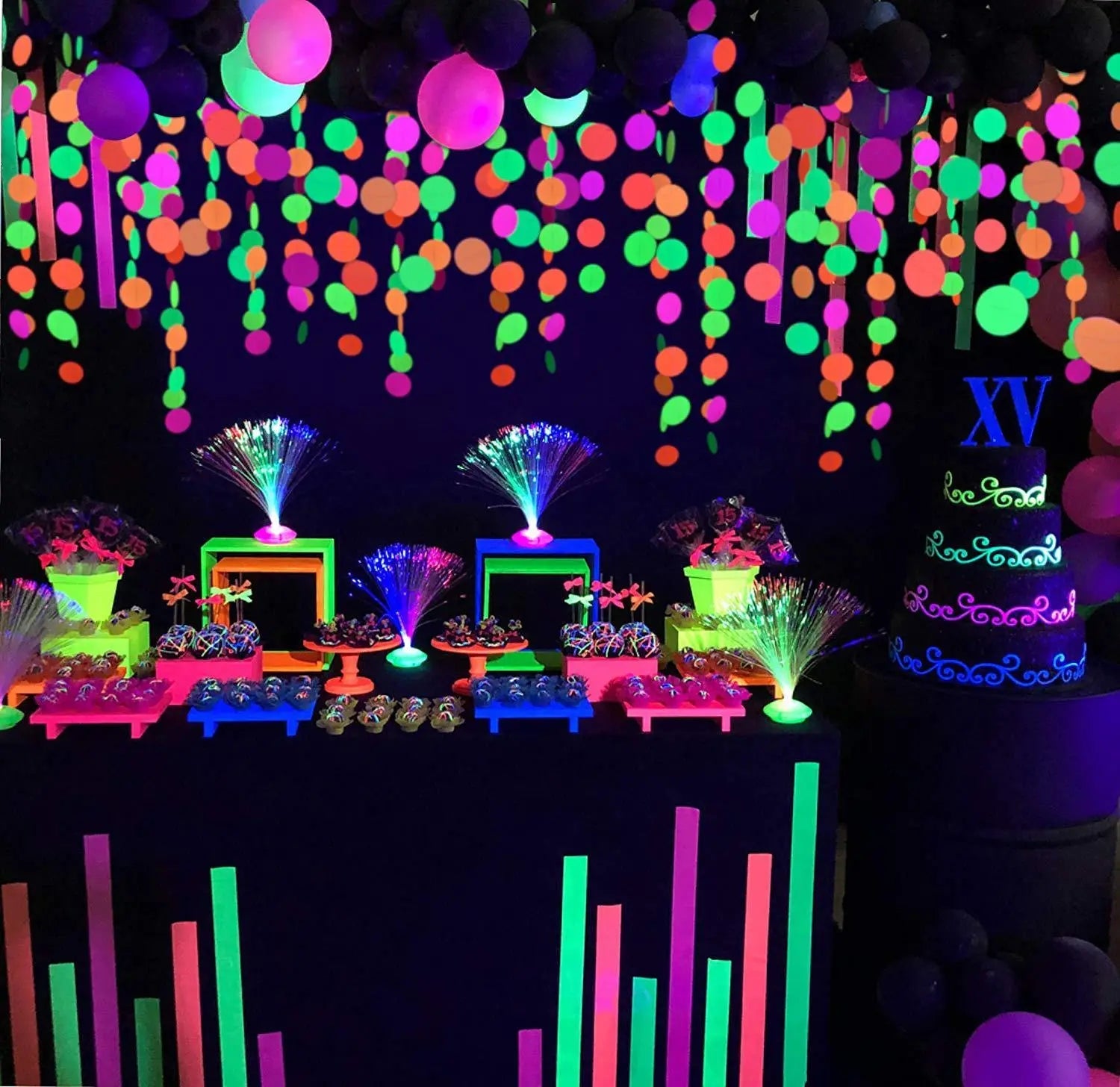 Fluorescent Circle Dots Garlands glowing under UV light at a house party. - Yeete
