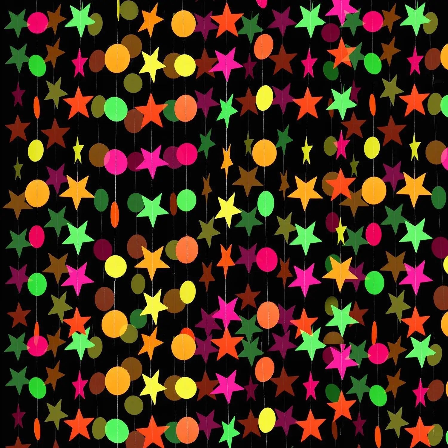Fluorescent Circle Dots Garlands glowing under UV light at a house party. - Yeete