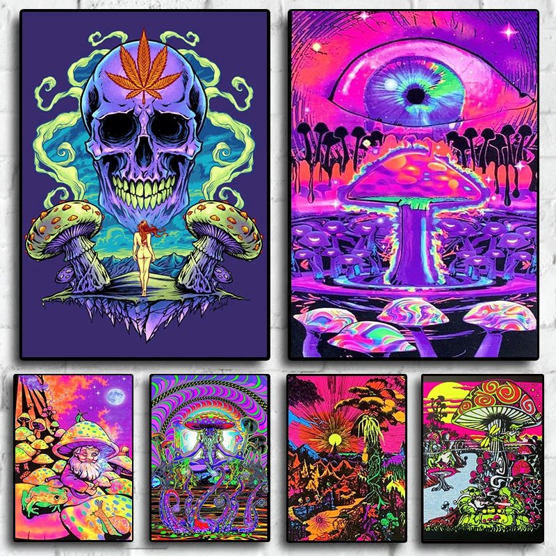 Neon Psychedelic Mushroom Posters with UV reflective designs, perfect for vibrant home and party decor. - Yeete