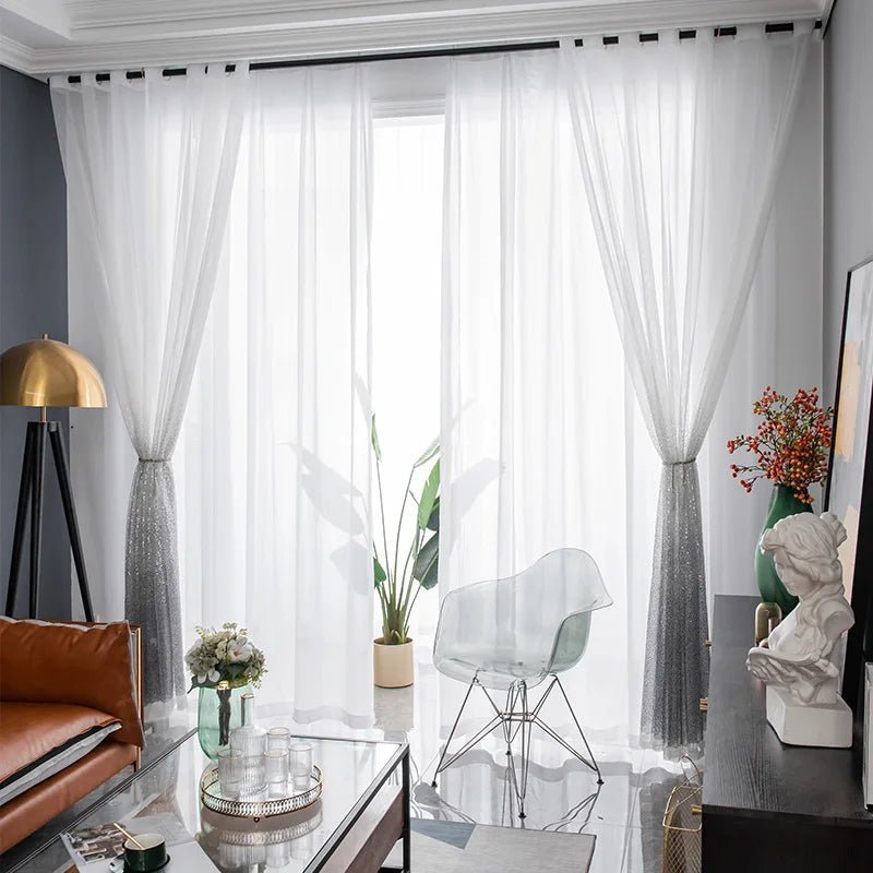 Sheer Curtains Grey Shining with a gradient paillette design, perfect for creating a glamorous ambiance in any room. - Yeete