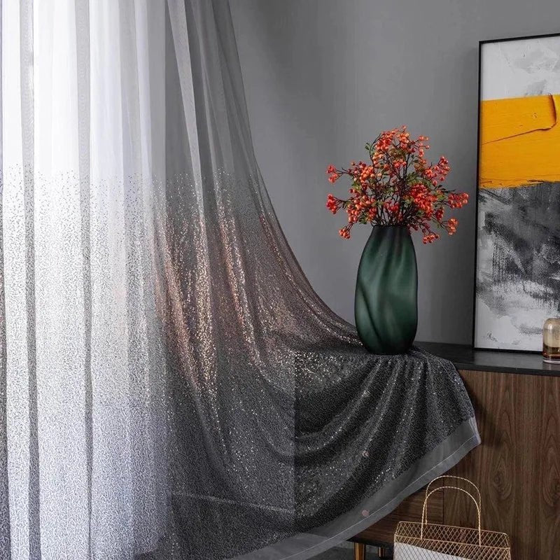 Sheer Curtains Grey Shining with a gradient paillette design, perfect for creating a glamorous ambiance in any room. - Yeete