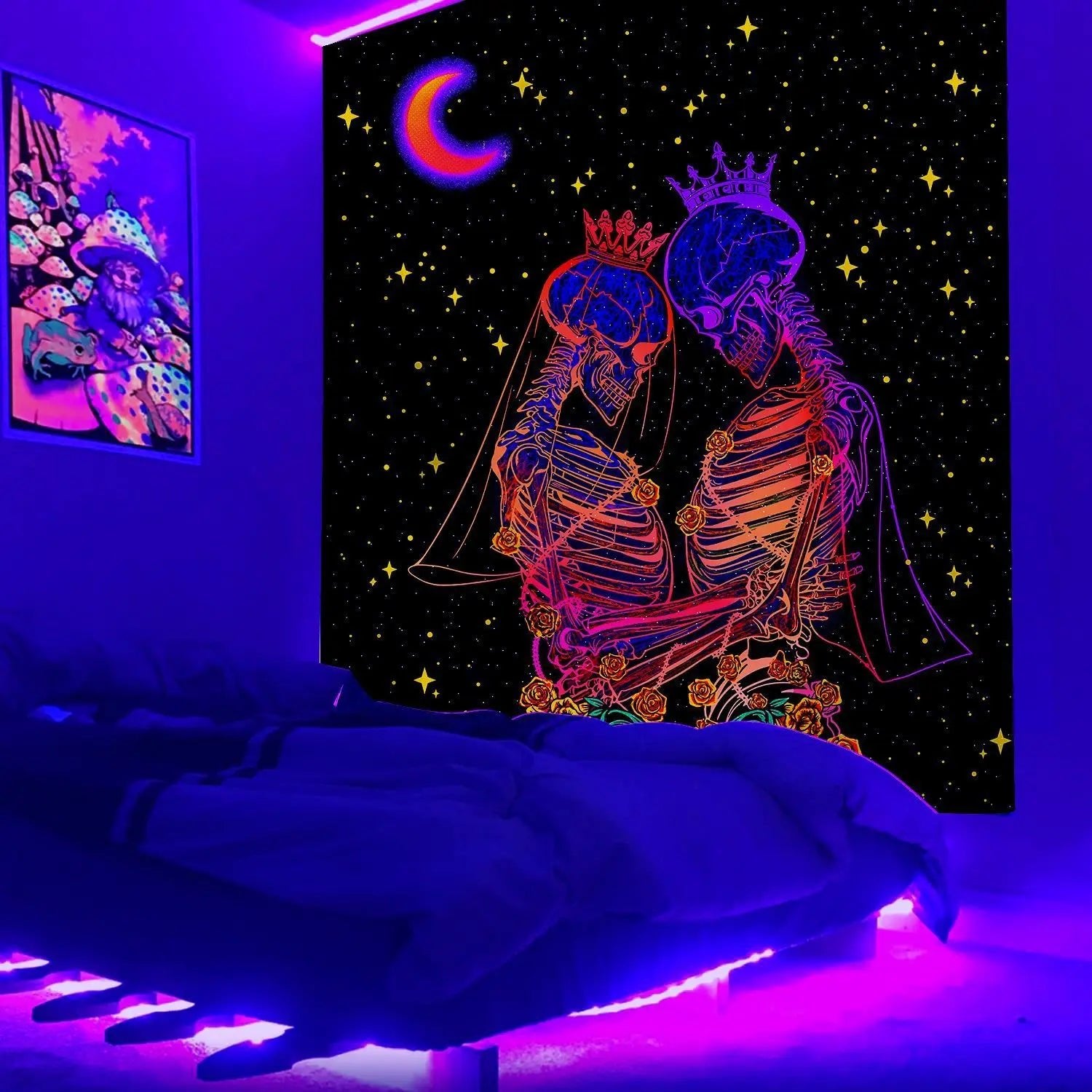 Black Light Reactive Fluorescent Tapestry featuring a vibrant starry night and mandala design, perfect for adding a magical touch to any room. - Yeete