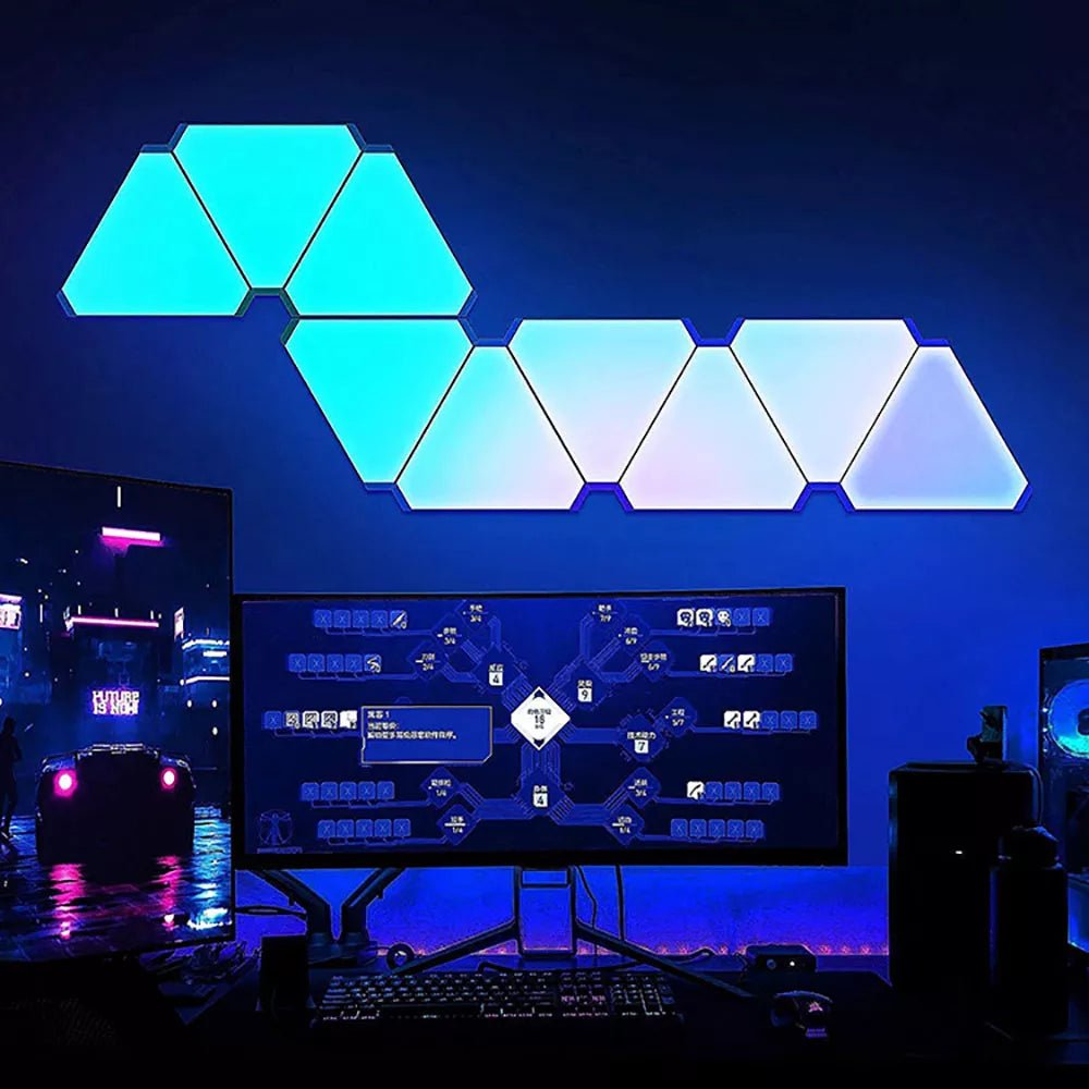 Magic 1 Smart LED Wall Lamp with APP, Remote, and Voice Control, featuring sleek triangular design and vibrant RGB lighting. - Yeete