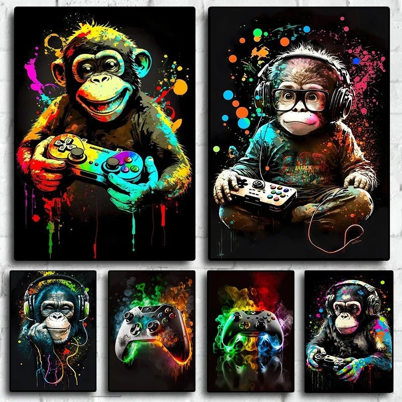 Funny Monkey Player Canvas Poster with vibrant colors and playful gaming monkey design. - Yeete