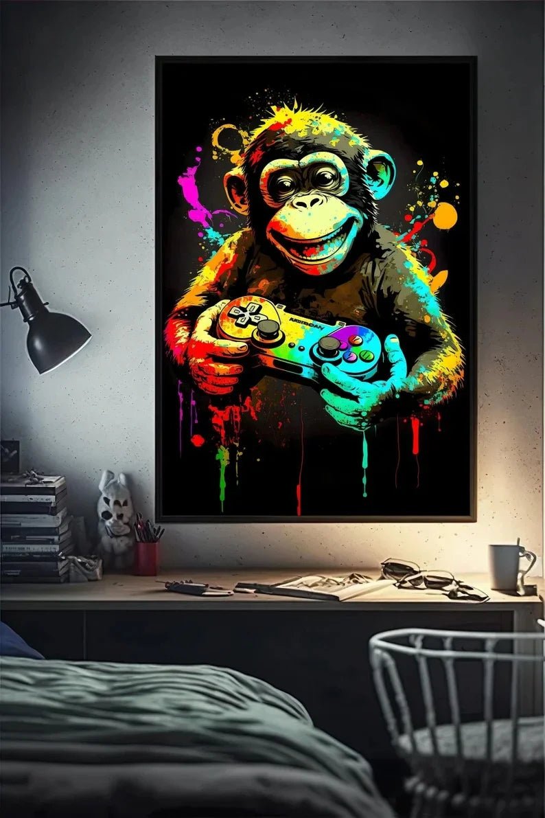 Funny Monkey Player Canvas Poster with vibrant colors and playful gaming monkey design. - Yeete