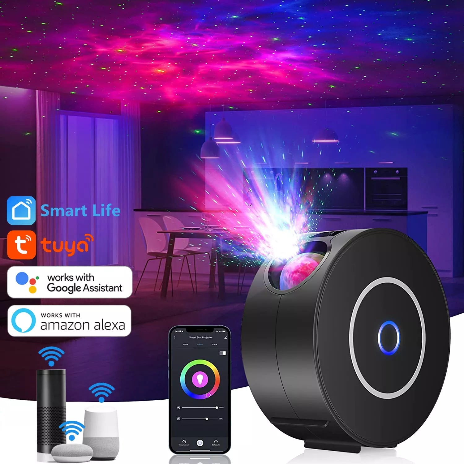 Smart Projector creating a vibrant nebula cloud in a modern bedroom - Yeete