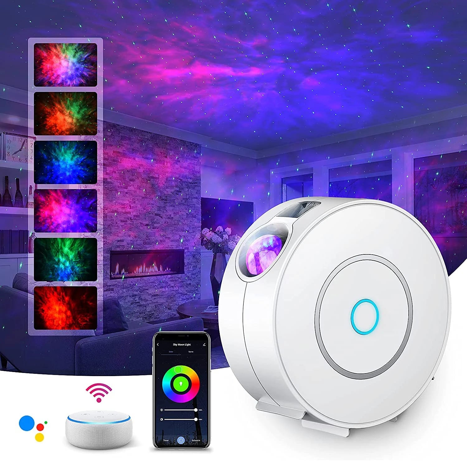 Smart Projector creating a vibrant nebula cloud in a modern bedroom - Yeete