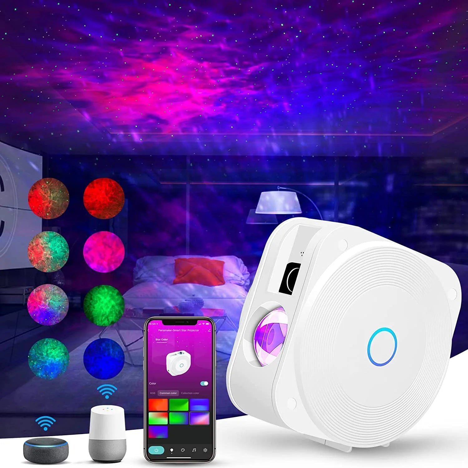 Smart Projector creating a vibrant nebula cloud in a modern bedroom - Yeete