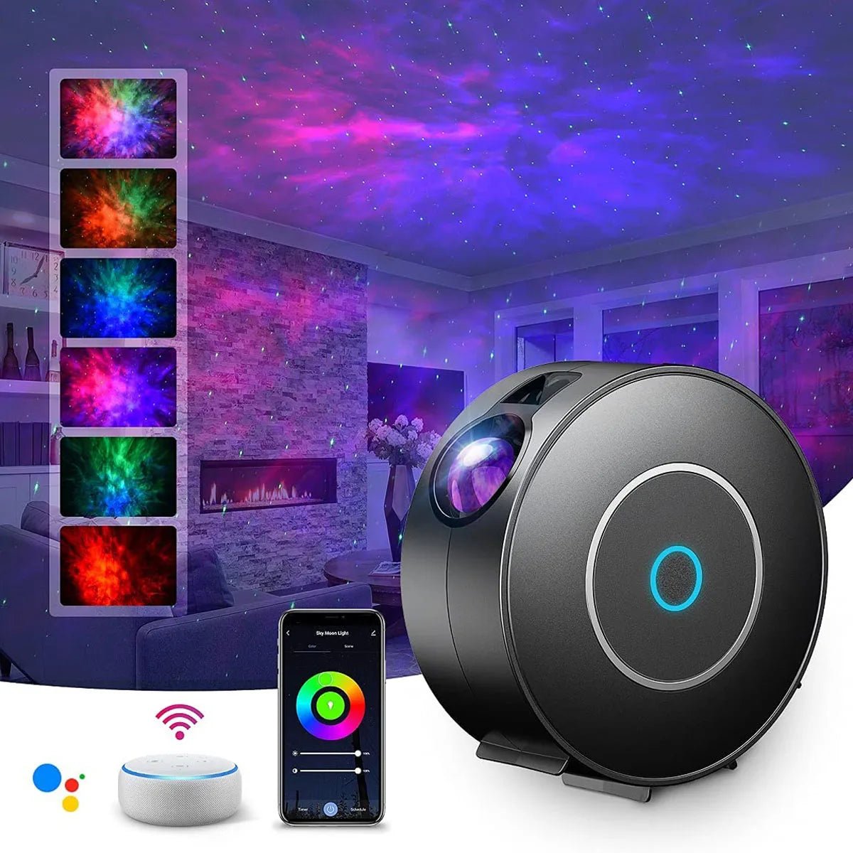 Smart Projector creating a vibrant nebula cloud in a modern bedroom - Yeete