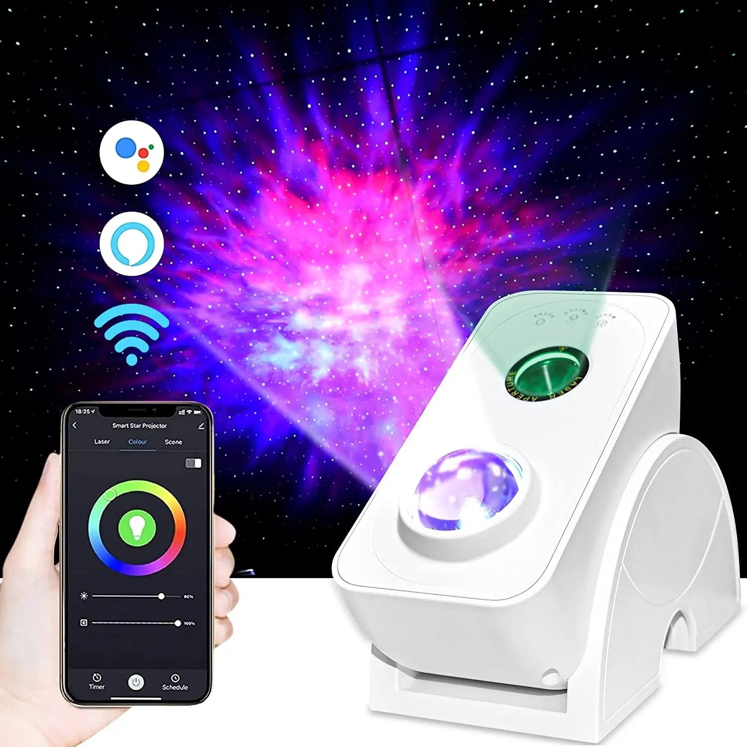 Smart Projector creating a vibrant nebula cloud in a modern bedroom - Yeete