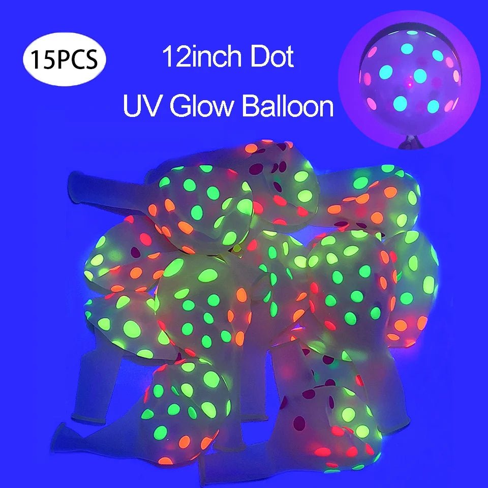 Fluorescent Circle Dots Garlands glowing under UV light at a house party. - Yeete