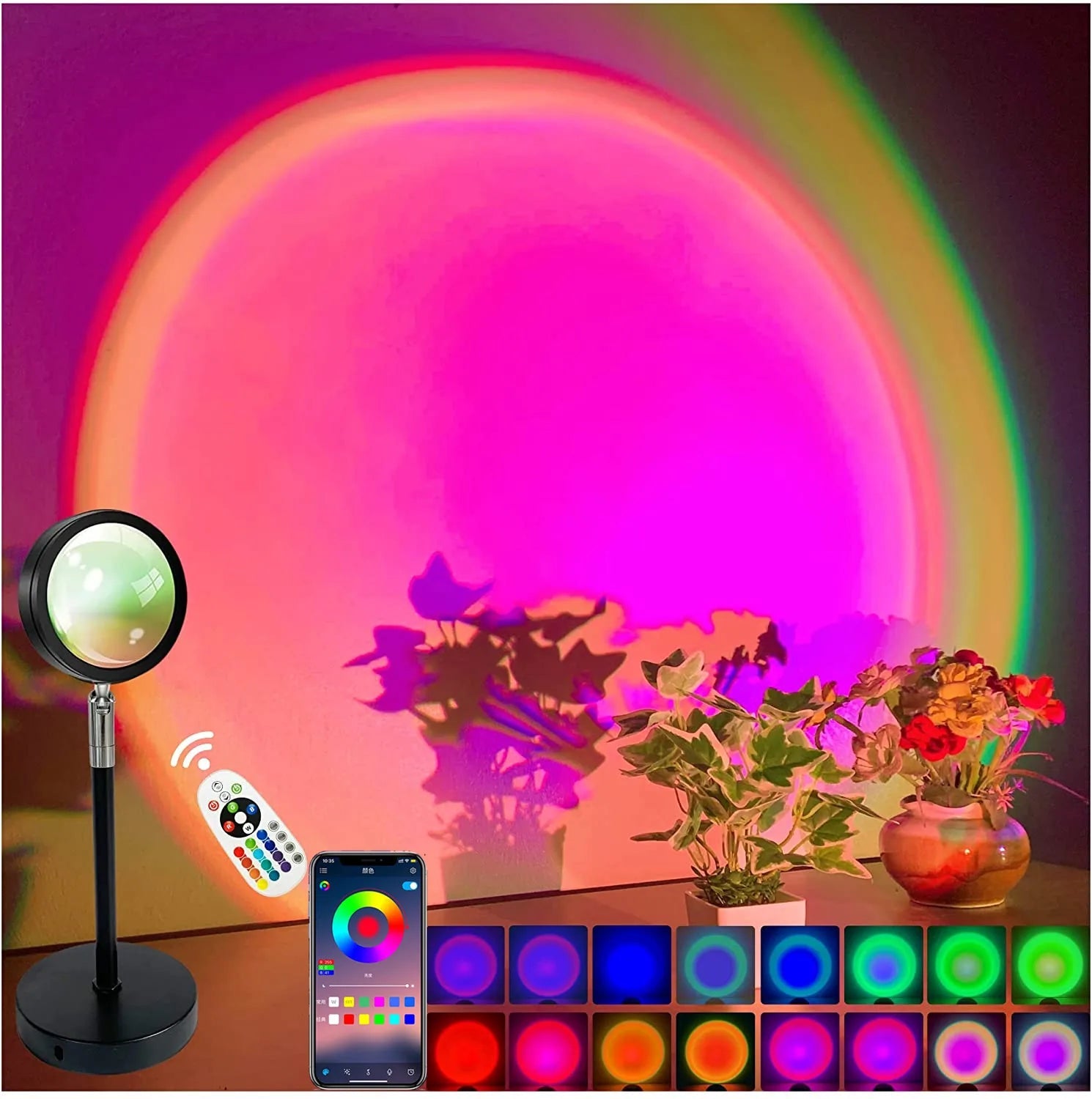 Smart Bluetooth night light projector lamp creating a vibrant rainbow sunset ambiance in a cozy home setting. - Yeete