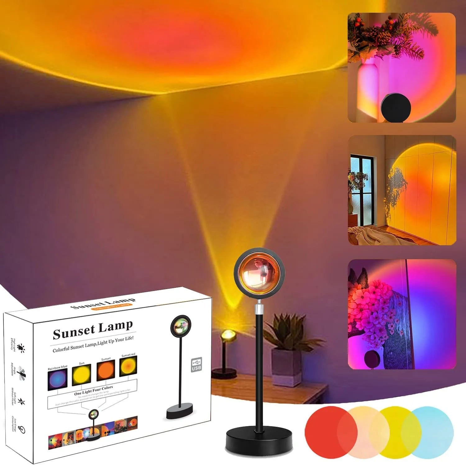 Smart Bluetooth night light projector lamp creating a vibrant rainbow sunset ambiance in a cozy home setting. - Yeete