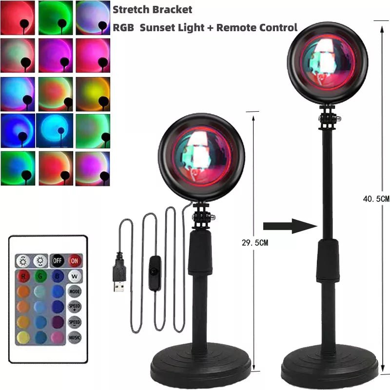 Smart Bluetooth night light projector lamp creating a vibrant rainbow sunset ambiance in a cozy home setting. - Yeete