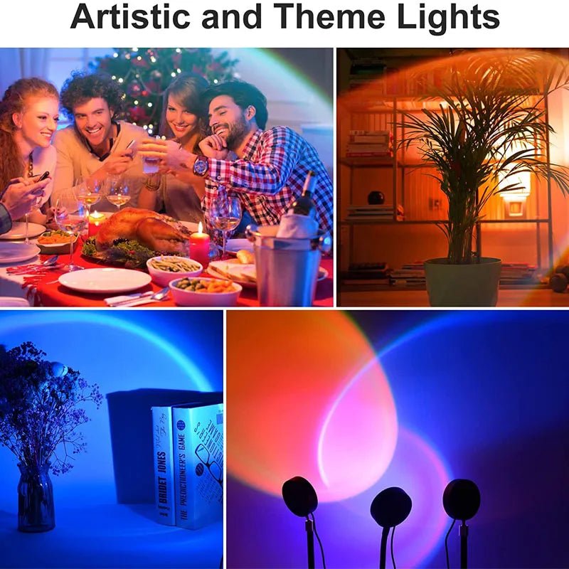 Smart Bluetooth night light projector lamp creating a vibrant rainbow sunset ambiance in a cozy home setting. - Yeete