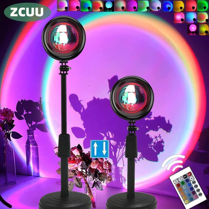 Smart Bluetooth night light projector lamp creating a vibrant rainbow sunset ambiance in a cozy home setting. - Yeete