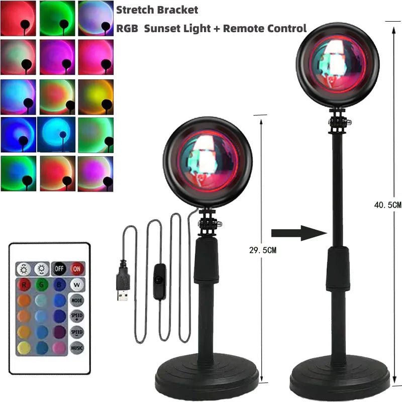 Smart Bluetooth night light projector lamp creating a vibrant rainbow sunset ambiance in a cozy home setting. - Yeete