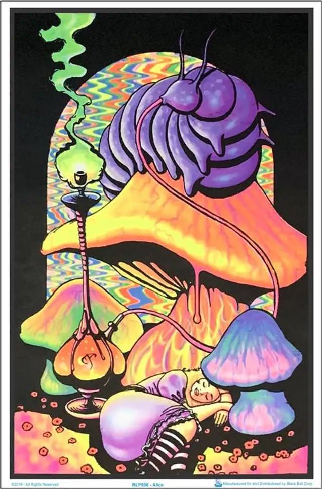 Neon Psychedelic Mushroom Posters with UV reflective designs, perfect for vibrant home and party decor. - Yeete