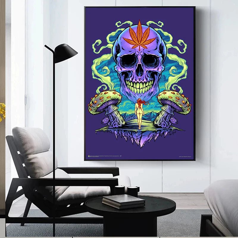 Neon Psychedelic Mushroom Posters with UV reflective designs, perfect for vibrant home and party decor. - Yeete