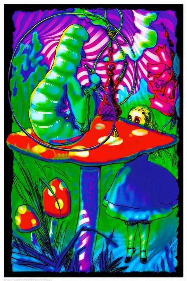 Neon Psychedelic Mushroom Posters with UV reflective designs, perfect for vibrant home and party decor. - Yeete