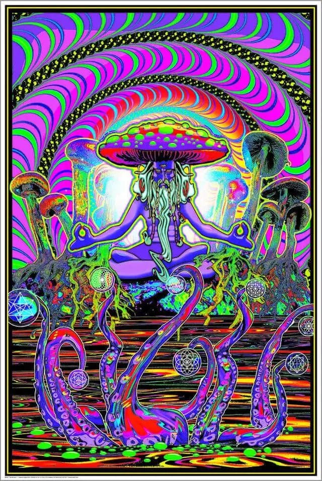 Neon Psychedelic Mushroom Posters with UV reflective designs, perfect for vibrant home and party decor. - Yeete