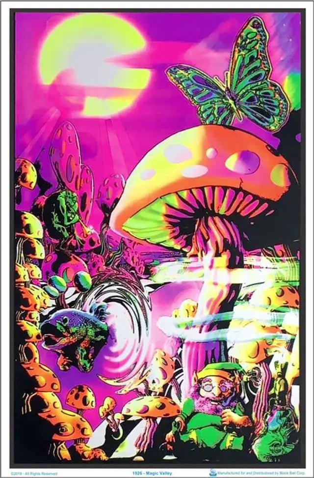 Neon Psychedelic Mushroom Posters with UV reflective designs, perfect for vibrant home and party decor. - Yeete