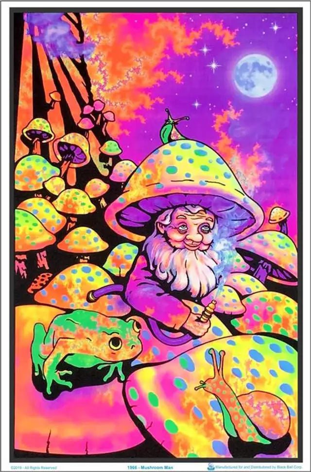 Neon Psychedelic Mushroom Posters with UV reflective designs, perfect for vibrant home and party decor. - Yeete