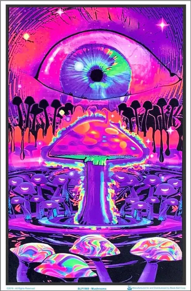 Neon Psychedelic Mushroom Posters with UV reflective designs, perfect for vibrant home and party decor. - Yeete