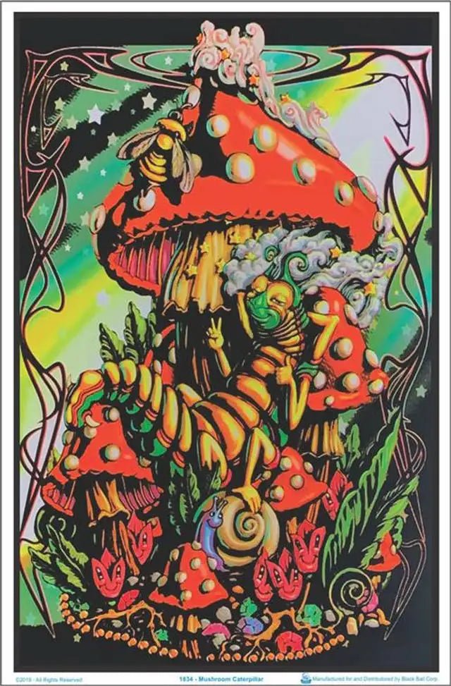 Neon Psychedelic Mushroom Posters with UV reflective designs, perfect for vibrant home and party decor. - Yeete